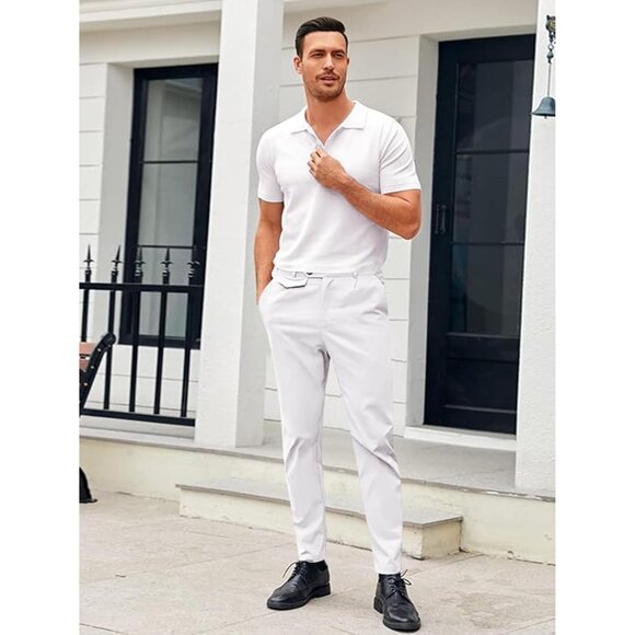 🆕 Men White Slim Fit Pants Flat Front Stretch Skinny Tapered Casual Trousers - Picture 5 of 5